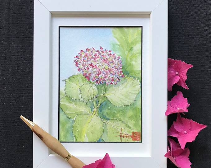 Watercolor pink hydrangea postcard format. Hand-painted painting