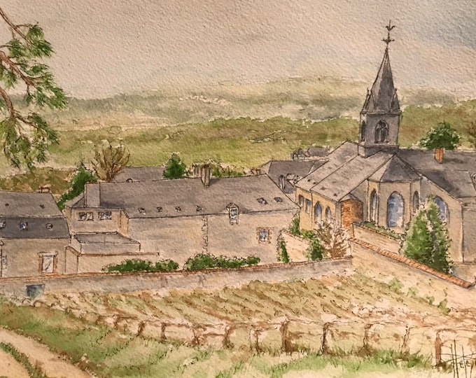 Watercolor Chenay the church and the enclosure. Original hand-painted framed painting