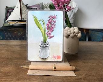 Hand painted pink hyacinth card. delivered with envelope. For Mother's Day, birthday or Valentine's Day.