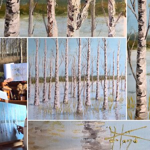 May include: A painting of a birch tree forest with white trunks and green leaves. The trees are reflected in the water, which is a light blue color. The painting is done in a realistic style.