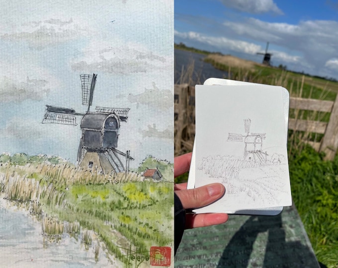 moulin de Broekmolen à l’aquarelle. Tableau mural peint à la main