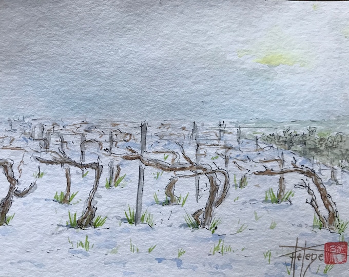 vignes enneigées à l’aquarelle. Tableau encadré peint à la main.