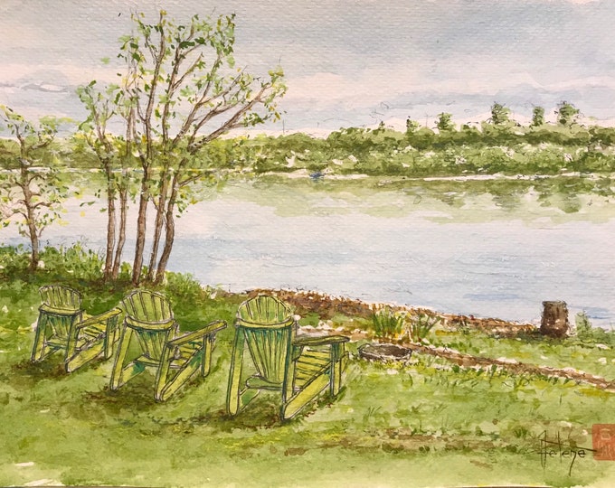 Aquarelle originale, le lac et les fauteuils canadiens. Tableau peint à la main. Format A5