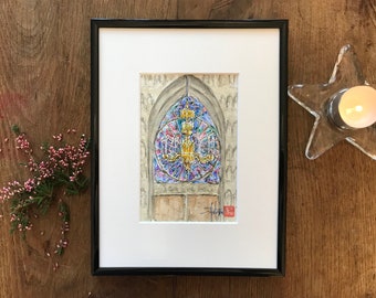 cathédrale de Reims et chandelier à l’aquarelle. Tableau peint à la main encadré.