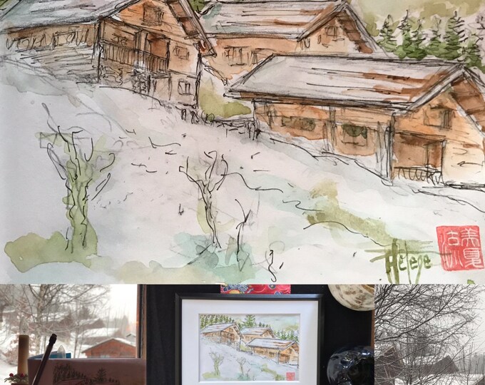 Watercolor paintings, the French Alps. Hand-painted sketches.