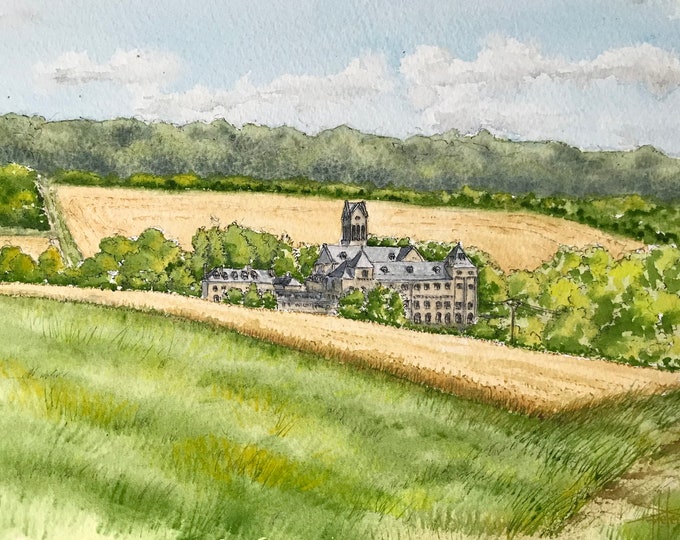 Abbaye Val d'Igny à l’aquarelle. Tableau original encadré format A4 peint à la main.