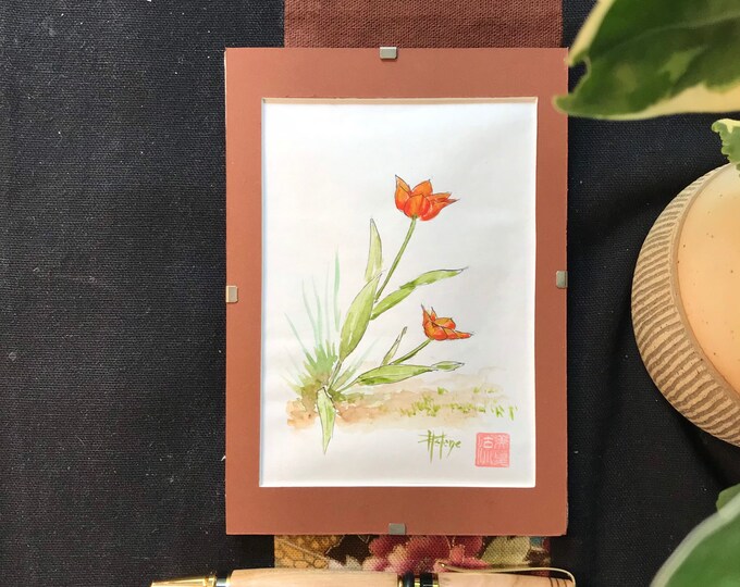 croquis originale, les Tulipes, tableau peint à l’aquarelle . format carte postale