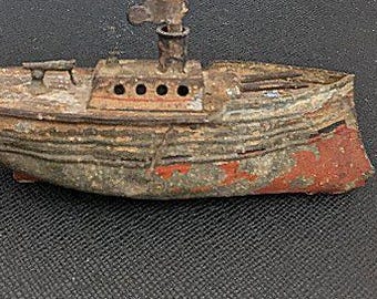 WORKING early 1900's Tin WIND-UP Carette 6" gun boat.