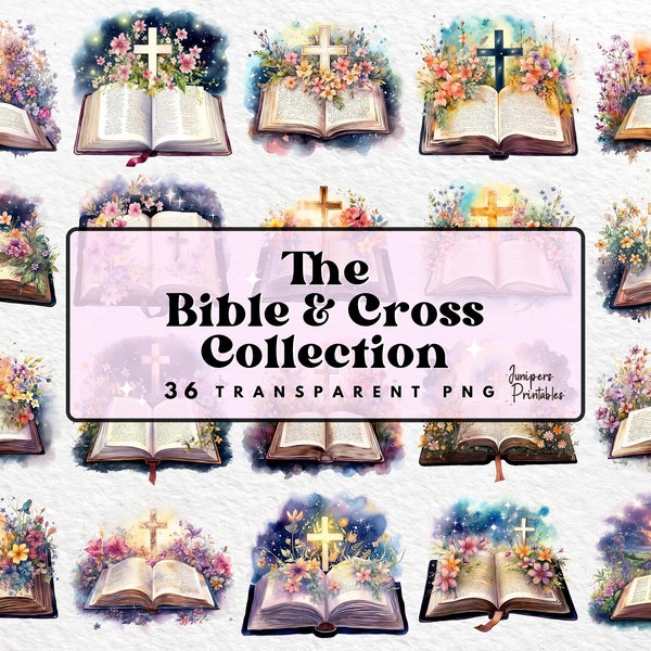 36 Floral Bible and Cross, PNG Watercolor Clipart Bundle, Christian Journal Clipart, Transparent Background, Bible Study PNG, Commercial Use