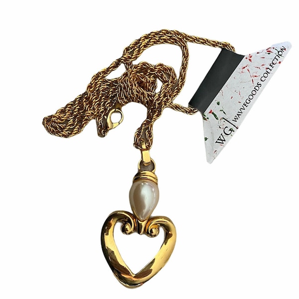 Rare Vintage Ralph Lauren Pearl Heart Pendant Chain RLL Necklace Gold Tone