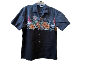 Camisa vintage havaiana azul, camisa havaiana de botões, camisa floral tropical, tamanho G