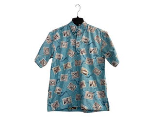 Camisa vintage hawaiana Hilo Hattie para hombre, color azul marino, teñida con tinte inverso, talla M.