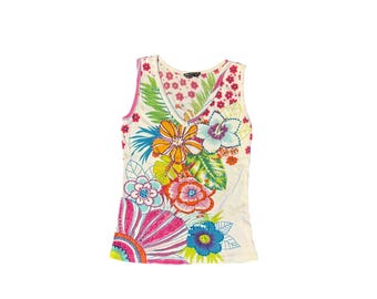 Chaudry KC Floral print Embellished Sleeveless Top Cotton Sz S India Boho Y2K