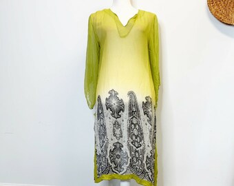 DENNING & KANE London 100% Silk Cover Up/Tunic Dress - Sheer Green Tie Dye Sz small
