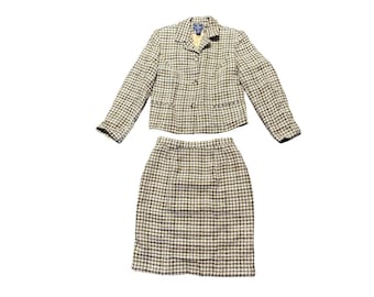 vintage chelsea cambell brown beige wool Blazer skirt suit set Tweed Plaid
