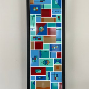 Mosaic abstract wall art narrow vertical abstract art horizontal modern art blue green and red tones mixed media