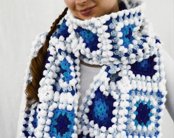 CROCHET PATTERN Granny Square Scarf Icy Blues, Easy Crochet Scarf, PDF, Instant Digital Download