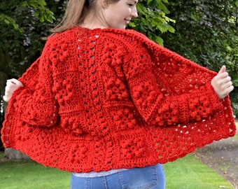 Crochet Granny Square Cardigan Pattern PDF | YouTube Tutorial | Layout Diagram | One Color Bobble Granny Square Jacket