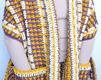 Crochet Pocket Shawl Pattern PDF | Easy Plaid Stitch For Blankets, Scarves | Easy Tartan Pocket Wrap | Tutorial | Warm Pockets | Tassels