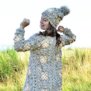 Crochet Granny Square Cardigan Pattern PDF | YouTube Tutorial | Layout Diagram | Bobble Stitch Flower | Long Sweater Coat