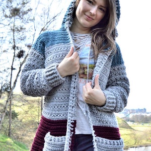Crochet Cross Stitch Hoodie Pattern PDF Comfy Hooded Cardigan With Pockets For Women Video Tutorial Crochet Hoodie Pattern image 1