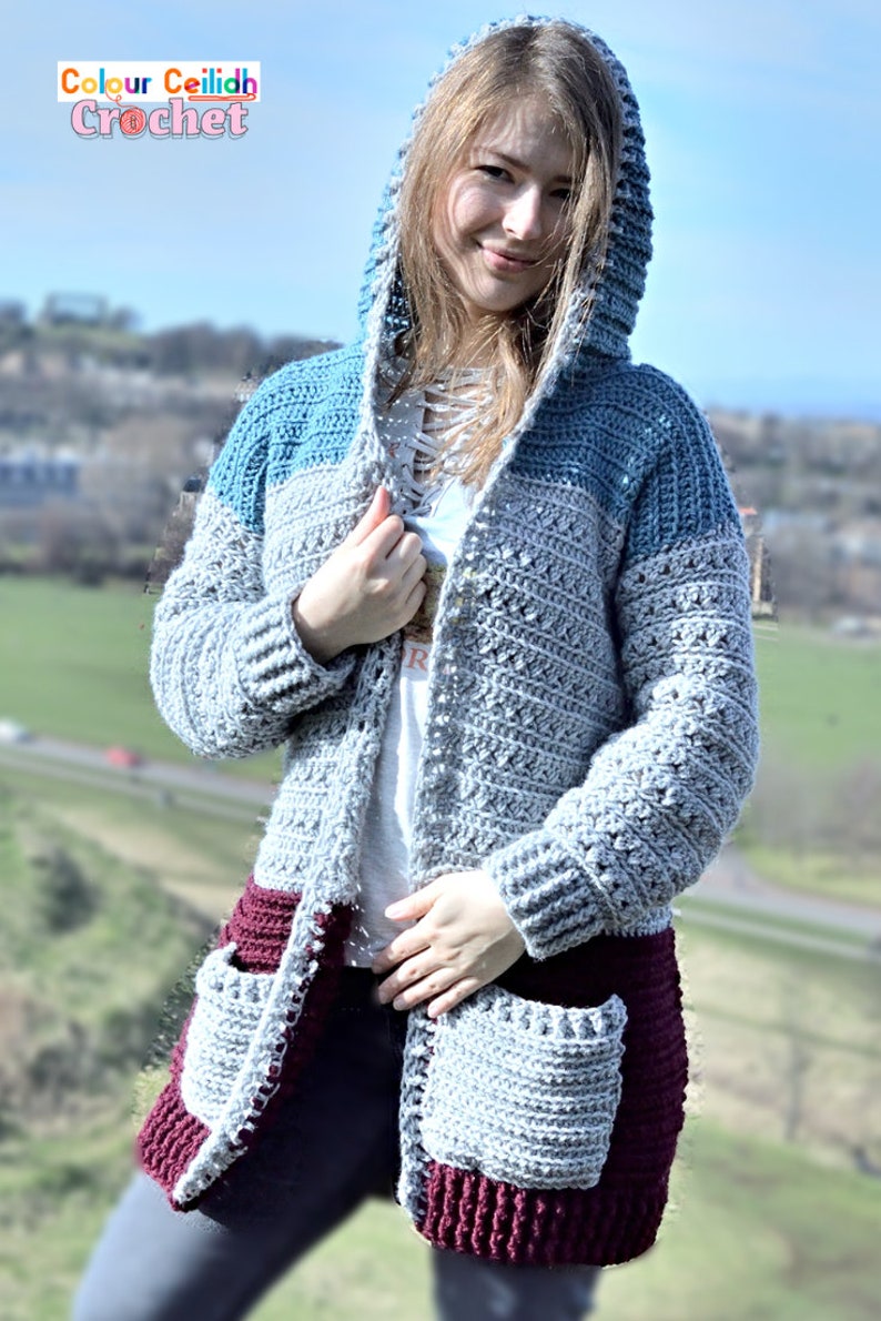 Crochet Cross Stitch Hoodie Pattern PDF Comfy Hooded Cardigan With Pockets For Women Video Tutorial Crochet Hoodie Pattern image 4