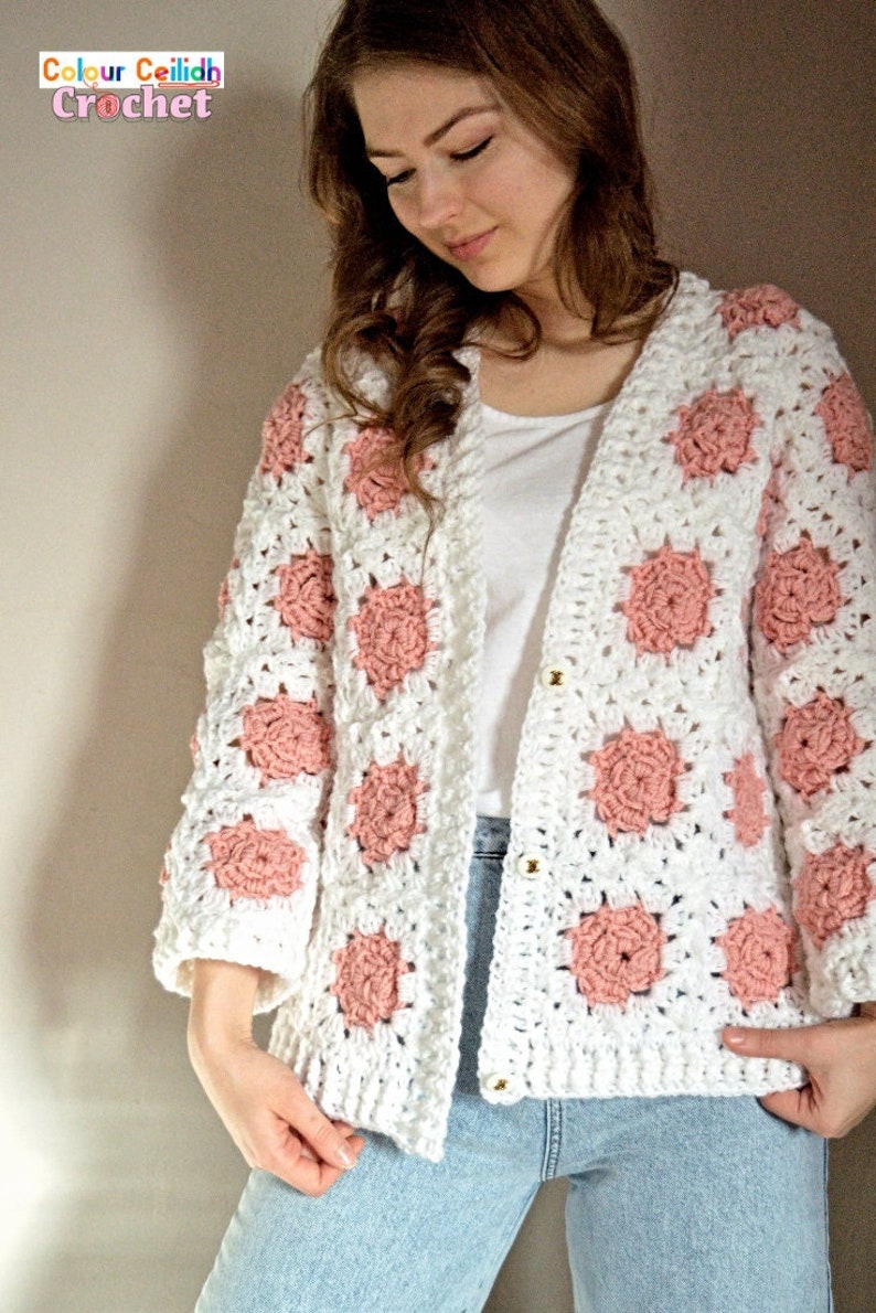 Easy Crochet Granny Square Cardigan Pattern PDF Crochet Rose Flower Granny Square YouTube Video Tutorial Layout Diagram image 1