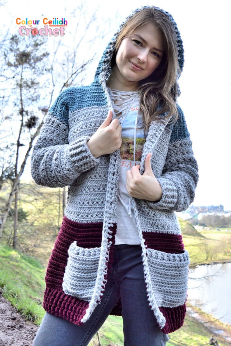 Crochet Cross Stitch Hoodie Pattern PDF Comfy Hooded Cardigan With Pockets For Women Video Tutorial Crochet Hoodie Pattern image 1