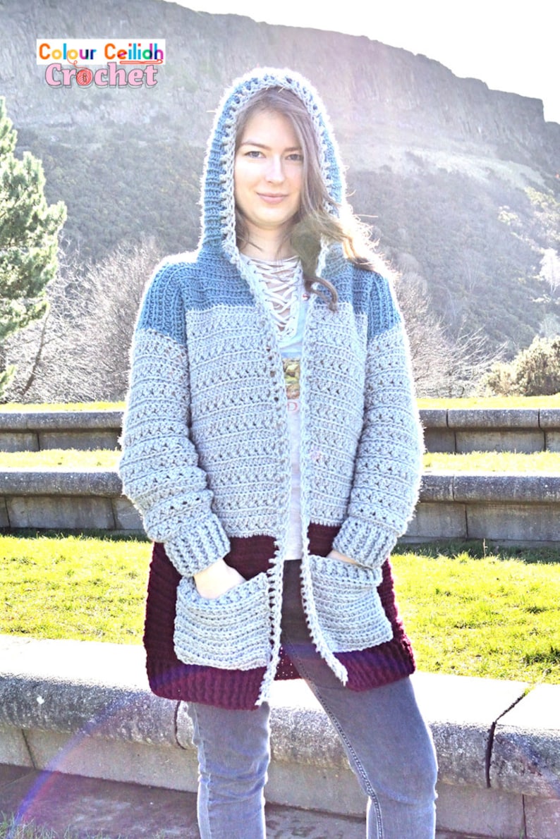 Crochet Cross Stitch Hoodie Pattern PDF Comfy Hooded Cardigan With Pockets For Women Video Tutorial Crochet Hoodie Pattern image 6