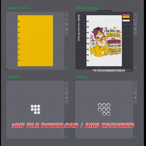 May include: A digital design file for a notebook featuring a solid yellow back cover, a white front cover with a graphic of a chicken wearing a pink headband and glasses holding a mug, with the text YOU SMELL LIKE DRAMA AND HEADACHE PLEASE GET AWAY FROM ME, plus white inserts and rings.