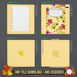 Puede incluir: Un conjunto de archivos digitales para un cuaderno de discos que incluye una contraportada, una portada con un patrón de autobús escolar amarillo y lápices etiquetado COMPOSITION BOOK, una plantilla de página y una placa de anillas.