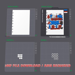 May include: A digital design file for a notebook featuring a blank back cover, a front cover with the text 6-7 AINT A MEME IT'S THE SCHOOL YEAR BRUH 2026-2027, white circular inserts, and white binding rings. The image includes the text 3MF FILE DOWNLOAD / AMS REQUIRED.