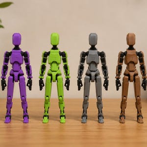 May include: Four articulated action figures standing in a row, each featuring a distinct color: purple, lime green, gray, and brown. Each figure has a smooth, blocky head, a chest piece with a small letter B, and black joints at the shoulders and hips.