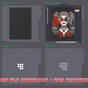 May include: A digital design file for a notebook featuring a plain black back cover, a front cover with a graphic illustration of a character with pigtails and skulls, white circular inserts, and white rings. Text reads 3MF FILE DOWNLOAD / AMS REQUIRED.