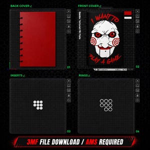 May include: A disc-bound notebook set featuring a solid red back cover and a black front cover with a white and red graphic of a puppet face and the text I WANT TO PLAY A GAME. The set includes white circular inserts and black binding rings.