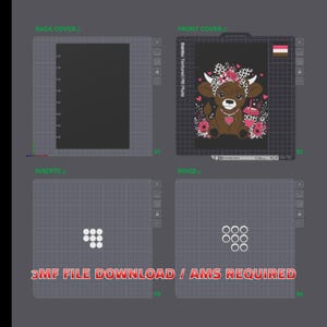 Puede incluir: Un archivo de diseño digital para un cuaderno con contraportada negra, portada con una ilustración de vaca marrón con diadema floral y una bebida, insertos blancos y anillas. El texto dice 3MF FILE DOWNLOAD / AMS REQUIRED.