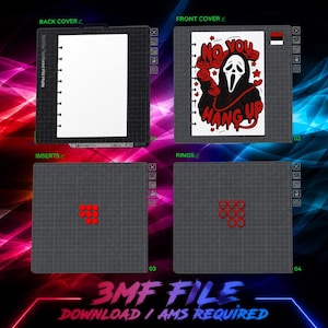 May include: A digital file set for a disc-bound notebook featuring a front cover with a Ghostface illustration and the text NO YOU HANG UP, a blank back cover, a set of red binding rings, and paper inserts, all displayed on a dark grid background.