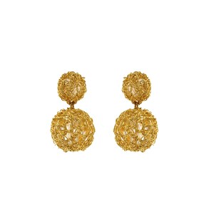 All Gold Spheres Duo Handmade Earrings.18 karat Gold Filled Copper Wire. Hand Crochet, Handmade Wire Jewelry.