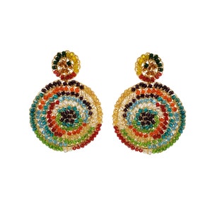Handmade Beaded Mandala Earrings: 18K Gold Filled Wire, Crocheted Dahlia Jewelry