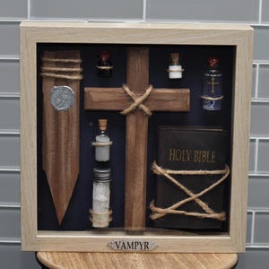 Vintage Vampire Hunting Kit Shadow Box Medium- Blonde Frame- Blue