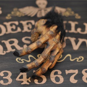 May include: A sculpted hand with textured, weathered tan skin and dark, pointed fingernails. The hand features a patch of coarse black fur at the wrist area, with prominent knuckles and detailed skin folds, presented in a claw-like, reaching pose.