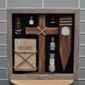 Vintage Vampire Hunting Kit Shadow Box Medium- Grey Frame- Black