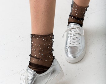 Black Transparent Tulle Socks Silver Jewels