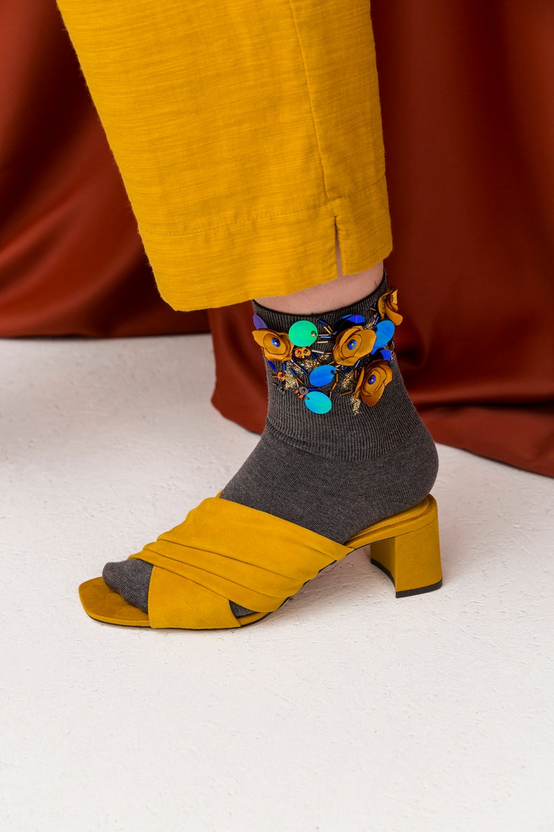 Grey Cashmere Embellished Socks Yellow Poppyseed image 4