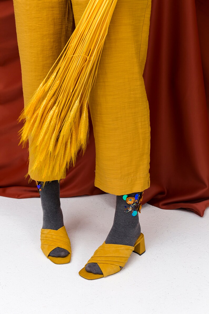 Grey Cashmere Embellished Socks Yellow Poppyseed image 6