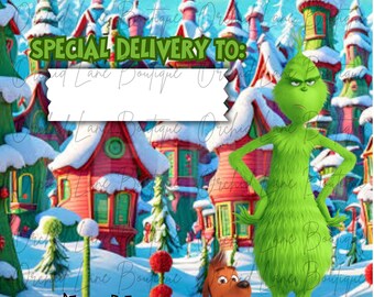 Könnte beinhalten: Ein weihnachtliches Design mit dem Grinch und Max dem Hund. Das Bild enthält den Text "Special Delivery To:" und eine Checkliste mit den Optionen "Naughty", "Nice" und "I Tried". Der Hintergrund zeigt ein verschneites Dorf.