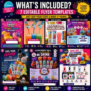 Pode incluir: Um conjunto de modelos de folhetos digitais com sete designs distintos para uma loja de chá. Os gráficos incluem ilustrações de bebidas coloridas, etiquetas de texto e secções promocionais com espaços em branco para códigos de promoção.