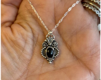 Handmade tiny dainty black onyx pendant necklace with fine silver accents