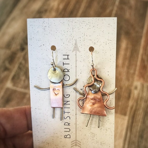 Handmade hand forged hand stamped mixed metal copper & silver boy girl design earrings