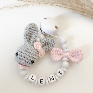 Pacifier chain with name rabbit grey/pink